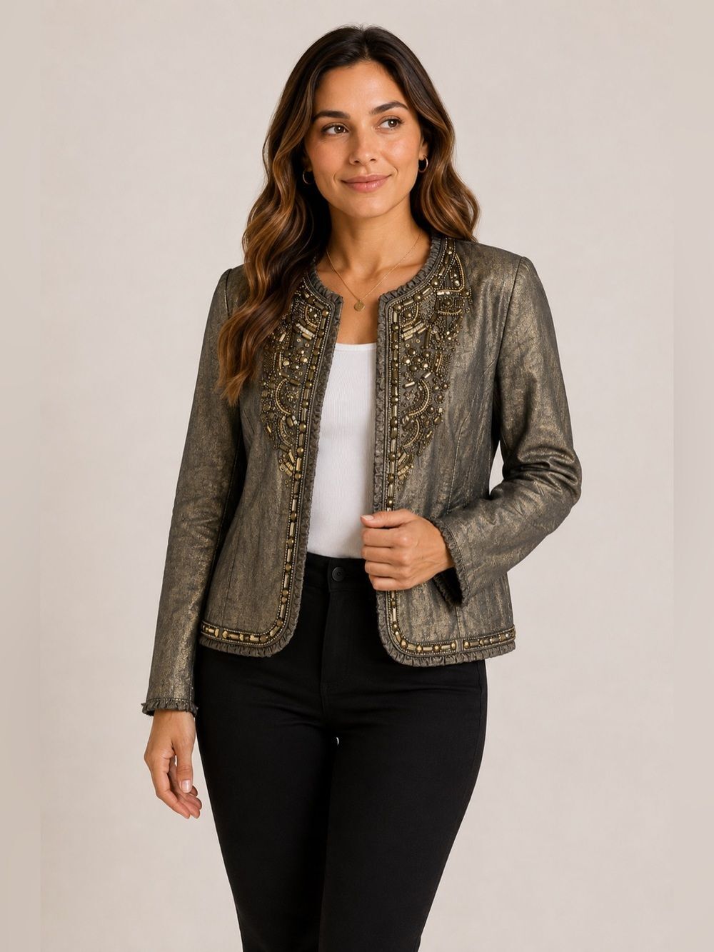 Chicos GOLDEN TRINKET ROYALTYโJACKET BREADED โ
INDIGO/BRONZE FOIL 2/Large
